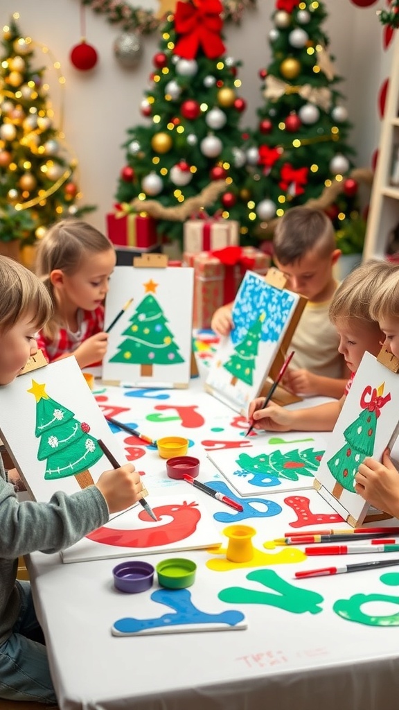 Children painting Christmas art with colorful paints and festive decorations.